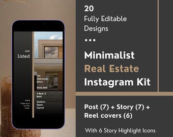 Modelli Instagram per agenti immobiliari / Kit minimalista per social media immobiliari (modificabile con Canva)