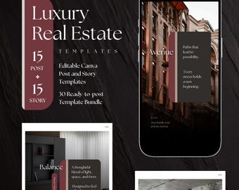 Realtor Instagram Templates | Luxury Real Estate Bundle (Canva Editable, 15 Post + 15 Story)