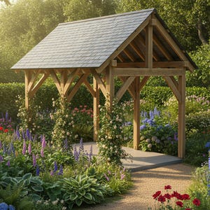 May include: A wooden gazebo with a gray shingled roof stands in a lush garden. The structure features exposed wooden beams and is surrounded by vibrant flowers and greenery. A gravel path leads to the gazebo, creating a serene outdoor space.