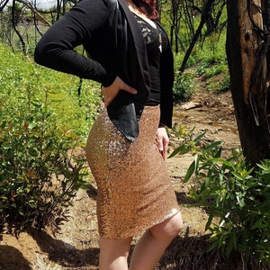 Rose Gold Pencil Sequin Skirt - Stretchy, beautiful knee length skirt  (S,M,L,XL)  Ships asap. Made in the USA!