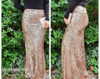 Copper Rosegold Oval Shiny Sequins Maxi Skirt - High-quality sequins in petite or long length. (S,M,L,XL) Ships asap. Made in the USA!