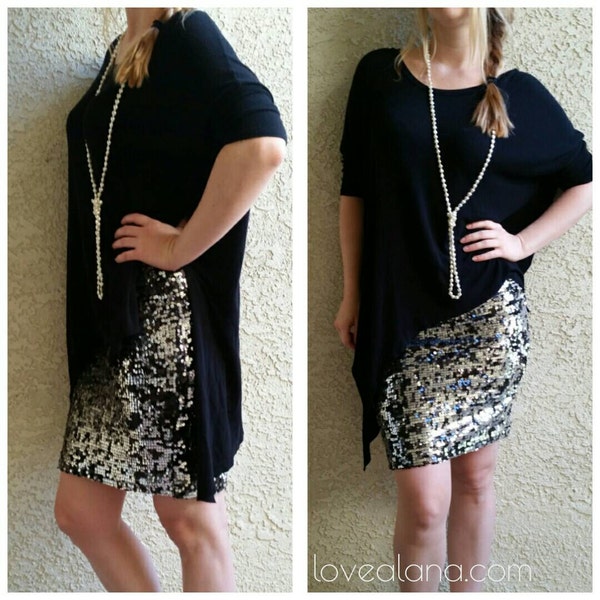 MUST GO - Small only - Silver and Black Sequin Pencil Skirt - 20 inches - Ships asap!