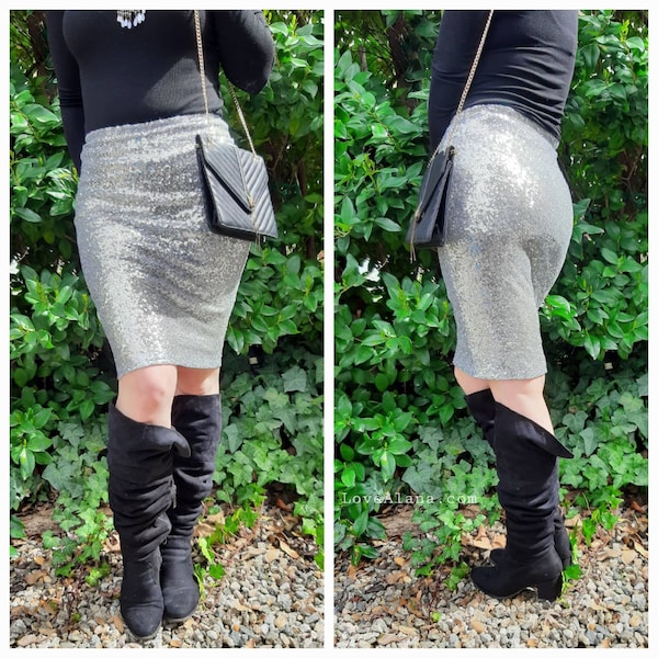 Light Silver Pencil Sequin Skirt. Small flat sequins. Gorgeous in person  (S,M,L,XL)  Ships asap. Made in the USA!