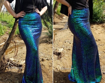 Iridescent Mermaid Blue/Green Maxi Sequin Skirt - Long or Petite length - High-quality - (S,M,L,XL)  Ships asap. Made in the USA!