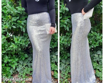 Light Silver Maxi Sequin Skirt - Gorgeous high-quality sequins in petite or regular length.  (S,M,L,XL)  Ships asap. Made in the USA!