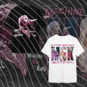 May include: A black t-shirt featuring a pink-toned graphic of Machine Gun Kelly with the text Tickets to My Downfall and a white t-shirt featuring three pink-toned images of the artist with the text Machine Gun Kelly MGK Tickets to My Downfall.