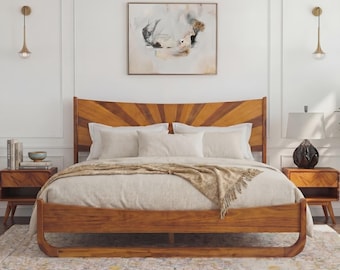 Sunset Solid Acacia Wood Platform Bed, Tall Headboard, Mid-Century Art Deco Design