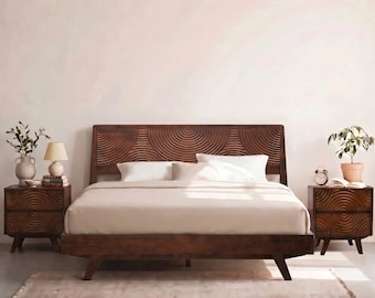 Acacia Harmony Solid Rubber Wood Bed Frame | Mid-Century Modern, CNC Carved Headboard, No Box Spring Needed | Walnut & Caramel Finish