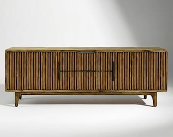 Bosk Fluted Solid Acacia Wood TV Stand, Mid-Century Media Console Table