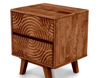 Solid Wood 2-Drawer Nightstand – Mid-Century Modern Carved Bedside Table