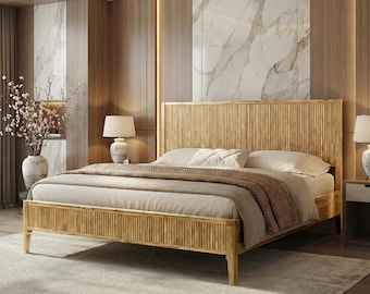 Bosk Bed Frame with Headboard, Solid Acacia Wood Platform Bed, Fluted Mid-Century Modern, No Box Spring Needed