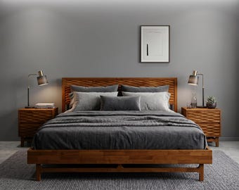 Acacia Elara Solid Rubber Wood Bed Frame with Unique Carved Patterns Headboard | Mid Century Modern Design | Caramel/Walnut/Oak Color