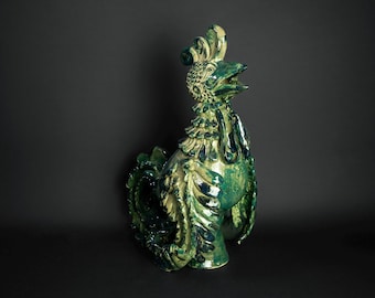 Rooster ceramic sculpture – green glaze decor – handmade ornamental figurine