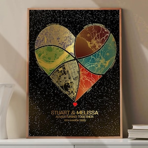 Puede incluir: Impresión artística enmarcada con un diseño en forma de corazón, que presenta un mapa compuesto por diferentes países. Los países incluyen Australia, Reino Unido, Canadá, Italia y Estados Unidos. La impresión tiene los nombres "Stuart & Melissa" y "Adventuring Together" con una fecha.