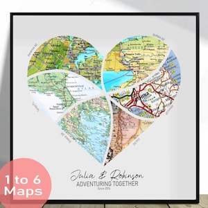 Puede incluir: Impresión enmarcada con un collage en forma de corazón de segmentos de mapas. Los mapas muestran varias ubicaciones. El texto incluye "Julia & Robinson" y "Adventuring Together Since 2014." Un círculo rosa dice "1 to 6 Maps."
