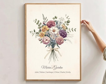 May include: A framed print featuring a watercolor illustration of a floral bouquet. The bouquet includes pink, purple, yellow, and white flowers tied with a ribbon. The text "Maria's Garden" and names are below the bouquet.