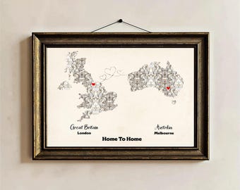Personalised Map Print - Any two countries - Custom Map Art - Available in 9 Colours