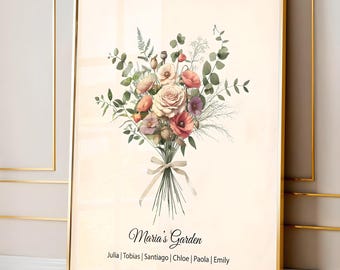 Family Birth Flower Bouquet Gift | Nana's Garden Mother's Day Grandma Gift Watercolor Birth Month Flowers Personalized Gift