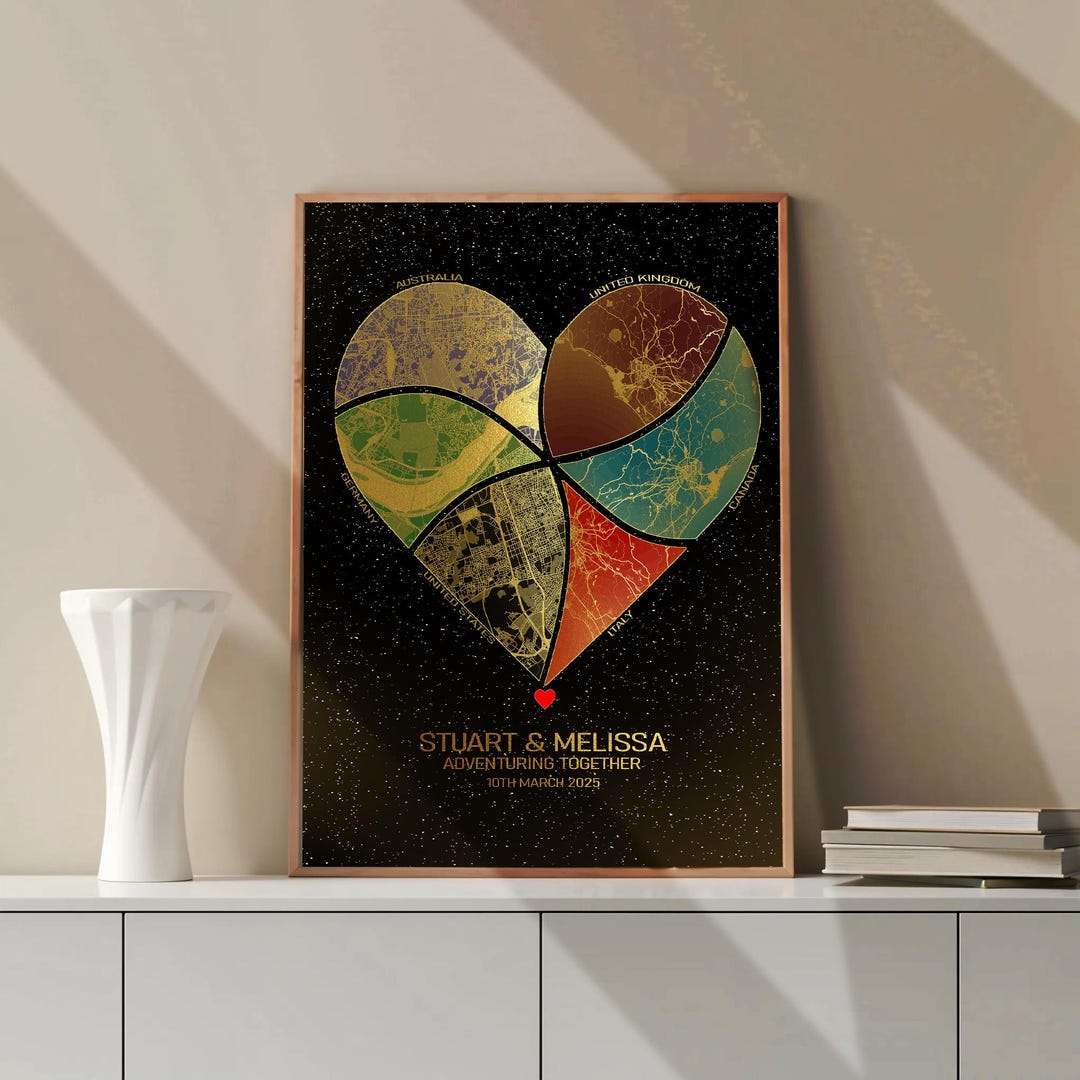 Decoupaged Heart Map Personalized Heart Map Print: 1-6 Locations,
