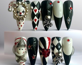 Unhas de Halloween, unhas de palhaço arlequim góticas, unhas postiças de circo assustador de terror, unhas postiças de caveira e coração, presente para ela, cosplay, festa
