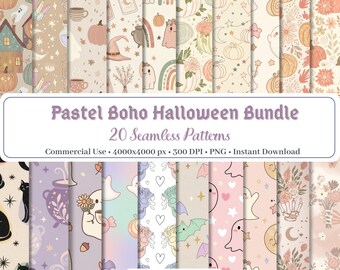 Patrones sin costuras de Halloween estilo boho pastel / Conjunto de papeles digitales con estética minimalista y adorable / Fondos espeluznantes para chicas, paquete de imágenes prediseñadas kawaii de otoño