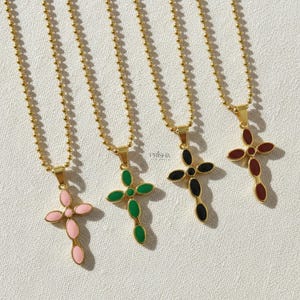 Enamel Petal Cross Necklace - Gold Stainless Steel, Tarnish Free