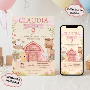 Puede incluir: Una tarjeta de invitación de cumpleaños y un teléfono inteligente con el mismo diseño, que muestra un granero rojo, una vaca, un caballo, un cerdo y un pollito. El texto dice CLAUDIA CUMPLE 9, ACOMPAÑAME EN ESTE DIA TAN ESPECIAL, 23 JULIO, 17:00 h, Salón encantado, 600 123 456.