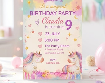 Rainbow Unicorn Birthday Invitation | Magical Unicorn Party Invite | Girl Birthday Editable Canva Template | Printable Digital Download