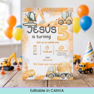 Puede incluir: Una tarjeta de invitación de cumpleaños con temática de construcción que muestra excavadoras amarillas, una hormigonera y cascos. El texto dice: Jesus is turning 5, Join us to celebrate, 27 June, 5:00 pm, The Party Room, 7 Rainbow Road, Sunnyville, CA 123.