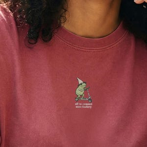 May include: A maroon-colored t-shirt with a small graphic of a frog wearing a hat and the text "all is connected". The shirt is made of a soft material and has a crew neck.