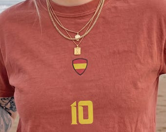 Embroidered Spain Flag T-Shirt With Custom Number - Personalized Retro Soccer Jersey Comfort Colors Tee