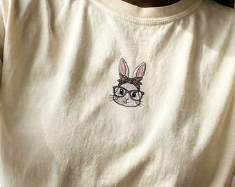 Camiseta bordada con conejito y gafas - Camiseta de primavera con colores cómodos para Pascua