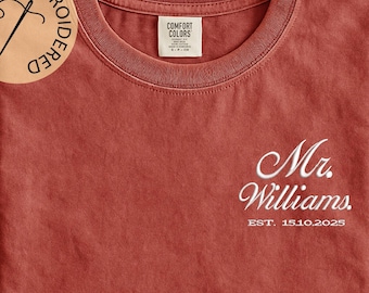 Camisa personalizada con nombre bordado "Sr. Sra. Est." - Camiseta personalizada para esposo y esposa - Regalo de San Valentín para parejas - Camisa para esposo y esposa