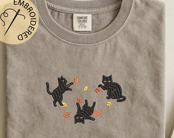 Black Cats And Fall Leaves Embroidered T-shirt - Halloween Comfort Colors Cozy Shirt