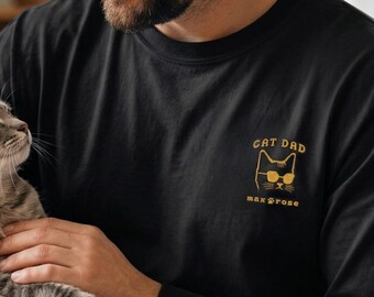 Camiseta de manga larga bordada para papás de gatos - Colores cómodos personalizados para el Día del Padre para amantes de los gatos