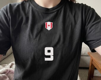 Embroidered Canada Flag T-Shirt With Custom Number - Personalized Retro Soccer Jersey Comfort Colors Tee