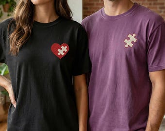 Puzzle Heart Embroidered T-shirt - Custom Valentine’s Day Tee - Matching Love Shirt