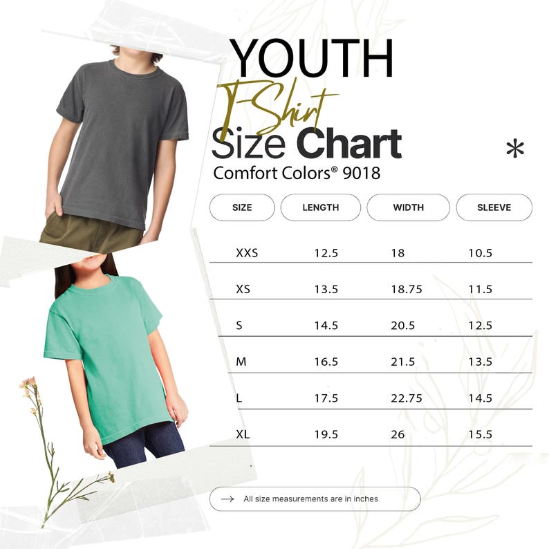 Pu&ograve; includere: Una tabella delle taglie delle t-shirt da bambino con misure in pollici. La tabella include le taglie XXS-XL, con misure di lunghezza, larghezza e maniche. Nell'immagine, due bambini indossano t-shirt, una grigia e una turchese.