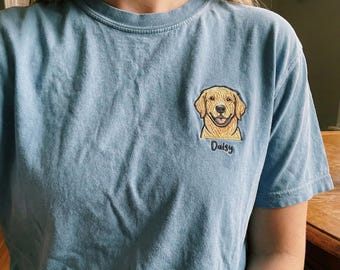 Camiseta personalizada con bordado de Golden Retriever: nombre de perro personalizado en el bolsillo.