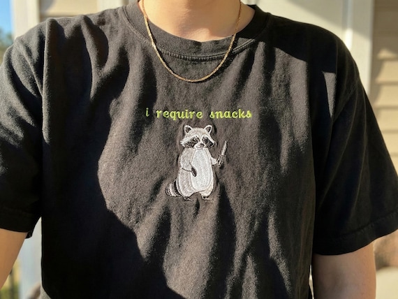 I Require Snacks Personalized Embroidered T-shirt - Raccoon Tee - Custom Animal Gift - Funny Cozy Comfort Colors Shirt