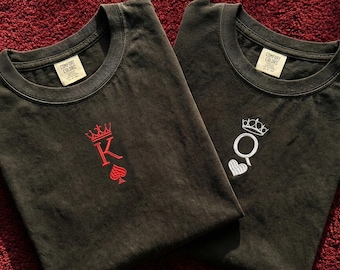 King and Queen Embroidered T-shirt - Valentine's Day Comfort Colors Tee - Cool Matching Shirt
