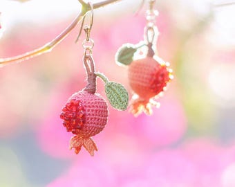 Pomegranate Earrings: Micro Crochet Fruit Dangle with Beaded Seeds