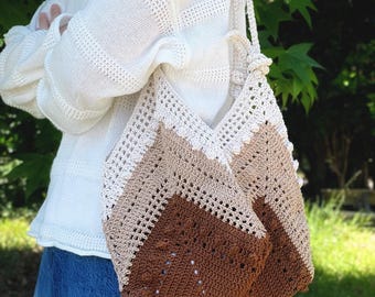 Brown Crochet Tote Bag | Handmade Color Block Market Shoulder Purse
