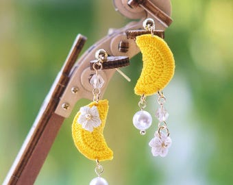 Micro Crochet Moon Puff Flower Earrings: Mismatched Crescent Studs Jewelry
