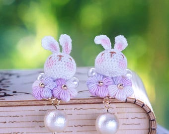 Micro Crochet Stud Earrings: Rabbit with Carrot and Flower Design Jewelry Gift for Her