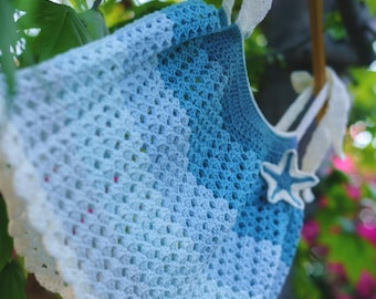 Starfish Crochet Tank Top: Blue Ombre Tie Shoulder Beach Cami