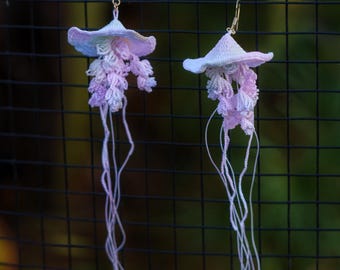 Micro Crochet Jellyfish Earrings: Hand Dyed Variegated Pastel Jewelry