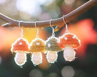Mushroom Earrings Mismatched Crochet, Toadstool Dangle Woodland Goblincore Gift