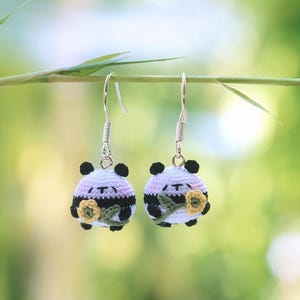 Micro Crochet Panda Bear Earrings with Flowers: Tiny Miniature Amigurumi  Animal Gift
