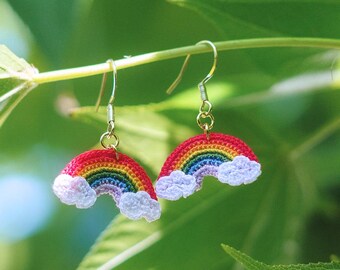 Micro Crochet Rainbow Cloud Earrings, Fairycore Dangle, Pride Cottagecore Gift
